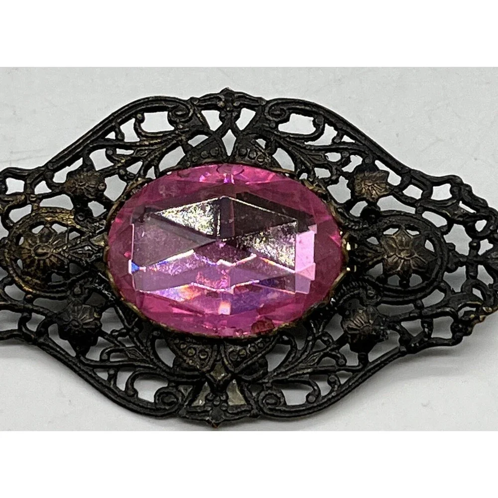 Old Metal Brooch Pin with Pink Glass Gem Brooch Is 3” X 2” , Gem Is 1” Long - Picture 2 of 10